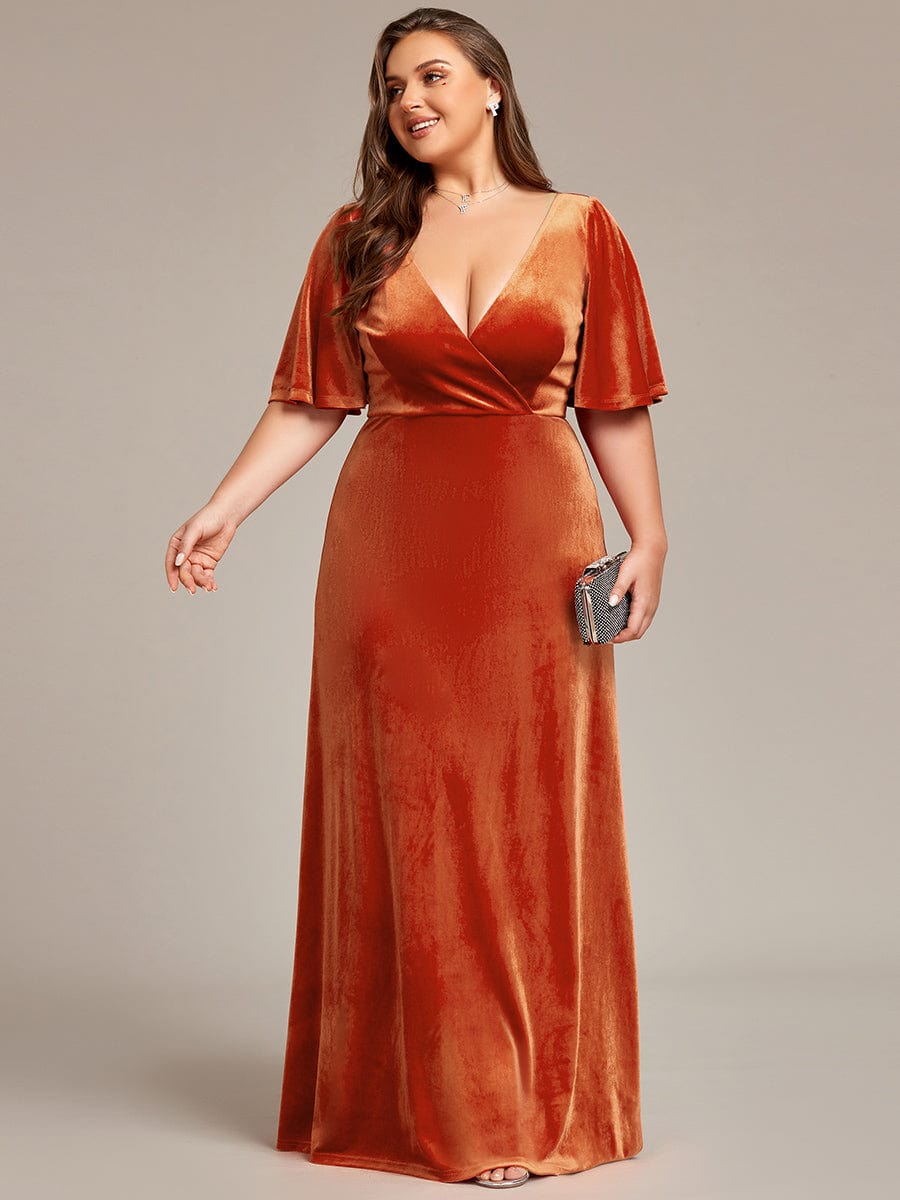 Custom Size Elegant Double V Neck Velvet Bridesmaid Dress #color_Burnt Orange