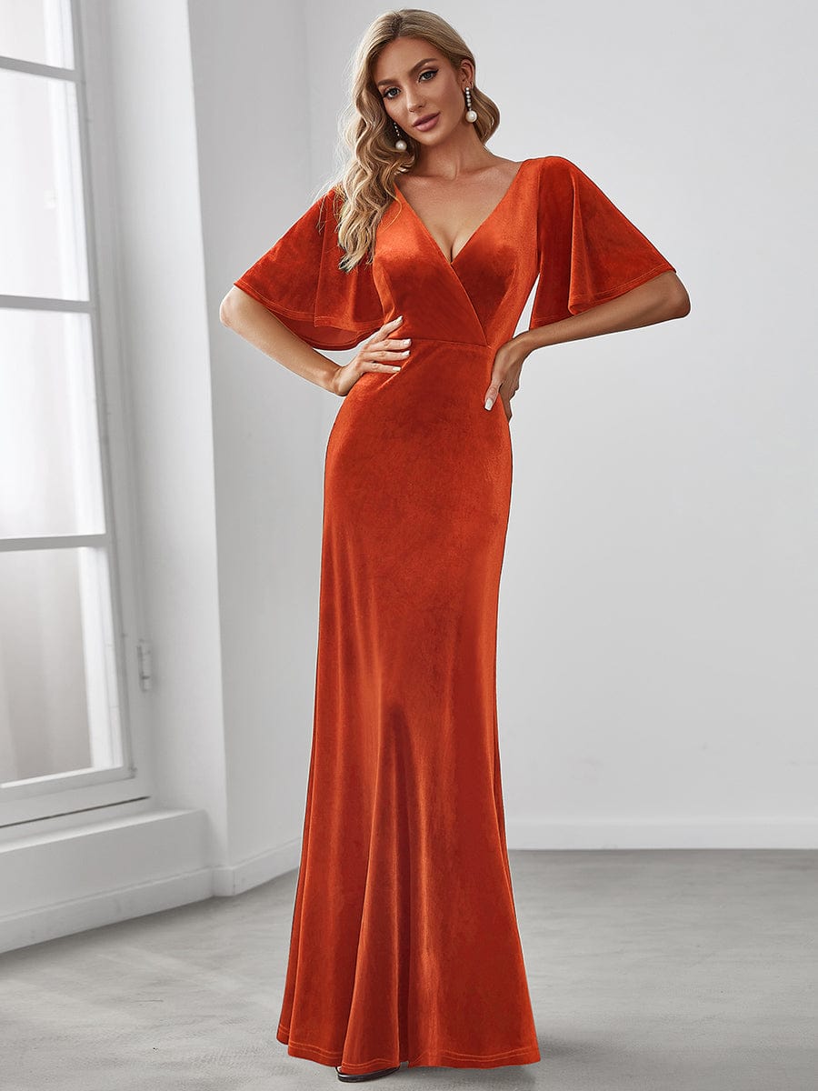 Custom Size Elegant Double V Neck Velvet Bridesmaid Dress #color_Burnt Orange