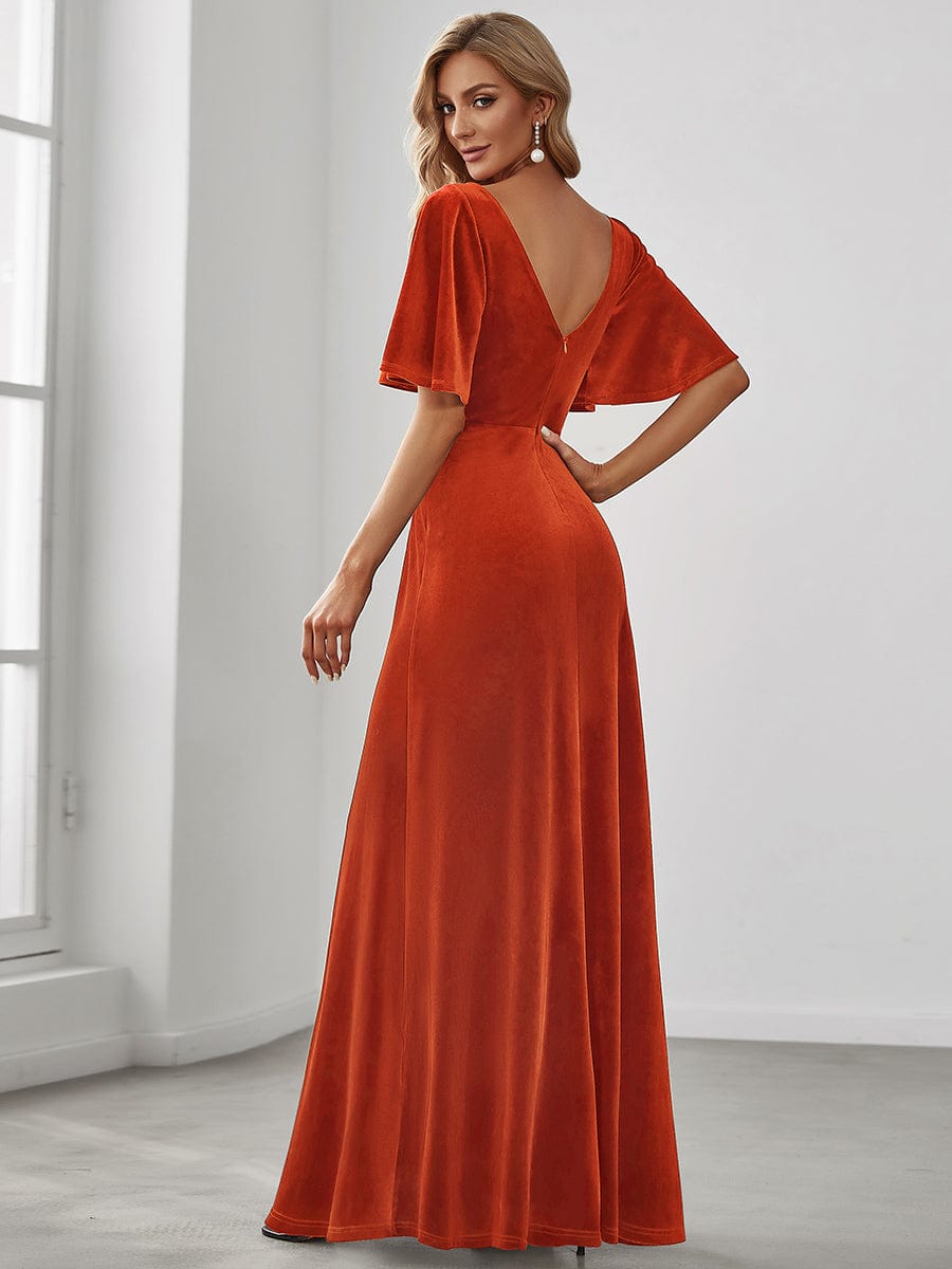 Custom Size Elegant Double V Neck Velvet Bridesmaid Dress #color_Burnt Orange