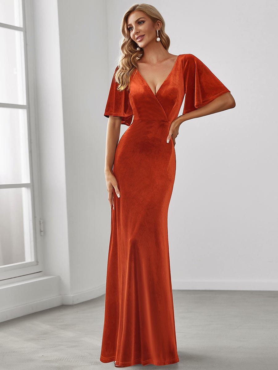 Custom Size Elegant Double V Neck Velvet Bridesmaid Dress #color_Burnt Orange