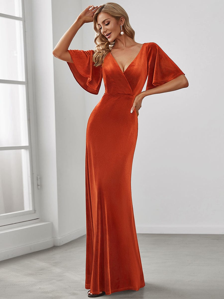 Custom Size Elegant Double V Neck Velvet Bridesmaid Dress #color_Burnt Orange