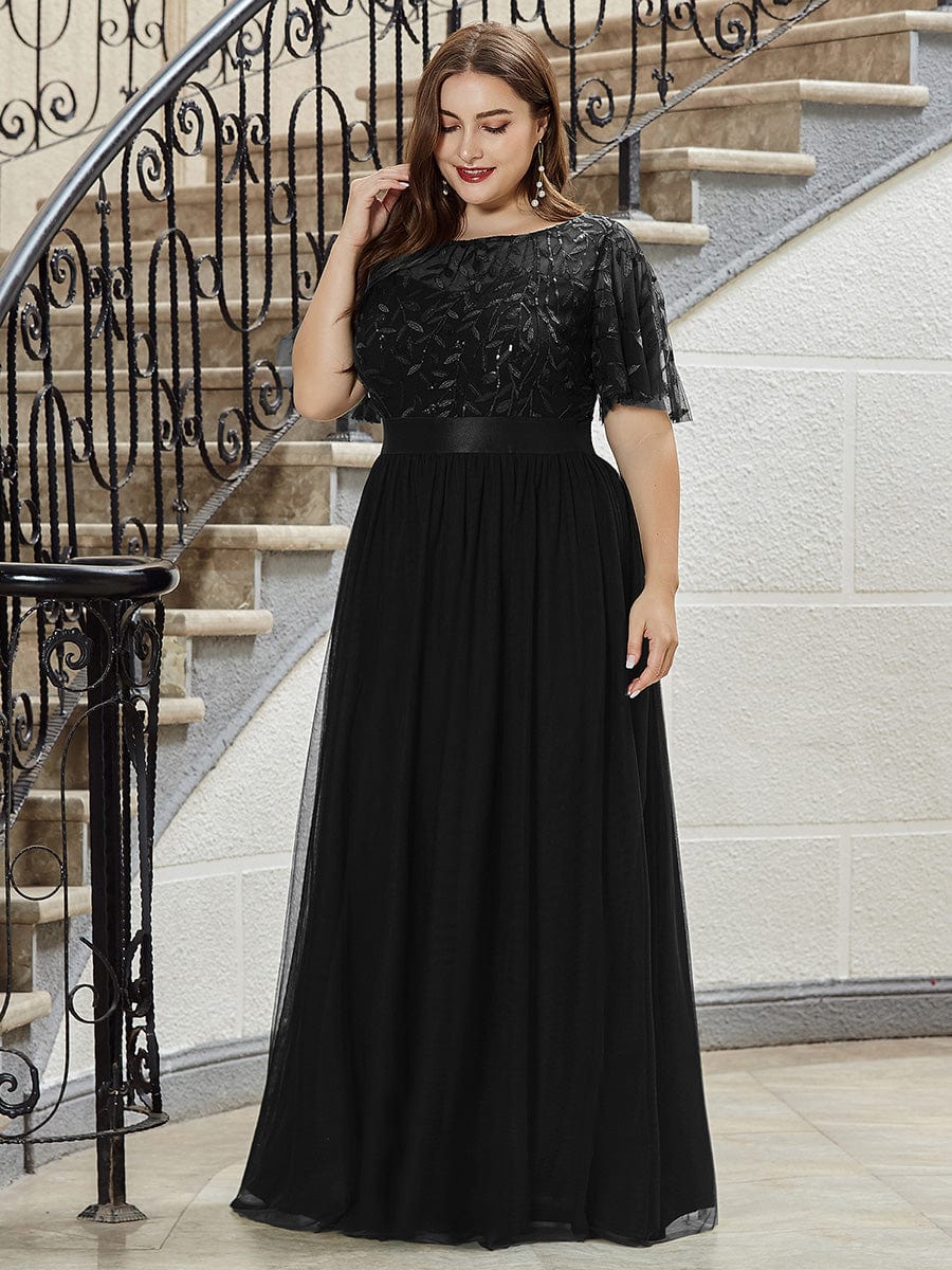 Women's A-Line Short Sleeve Embroidery Floor Length Wedding Guest Dresses #color_Black