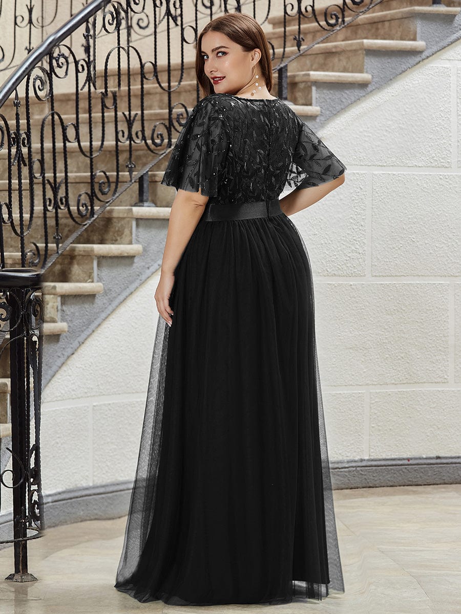 Women's A-Line Short Sleeve Embroidery Floor Length Wedding Guest Dresses #color_Black