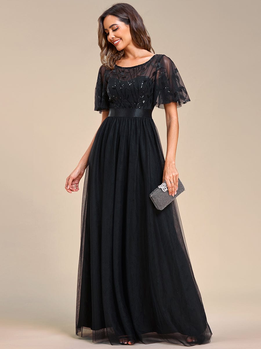 Women's A-Line Short Sleeve Embroidery Floor Length Wedding Guest Dresses #color_Black