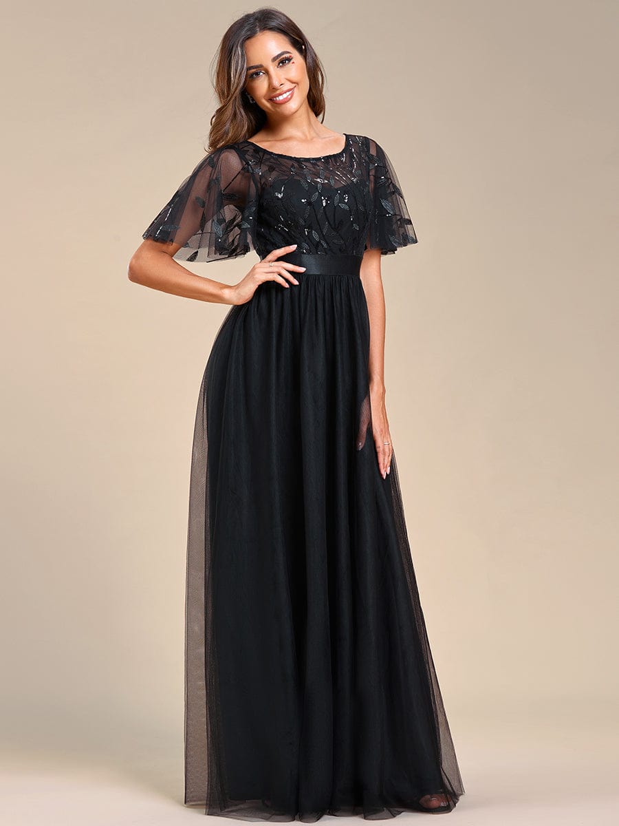 Women's A-Line Short Sleeve Embroidery Floor Length Wedding Guest Dresses #color_Black