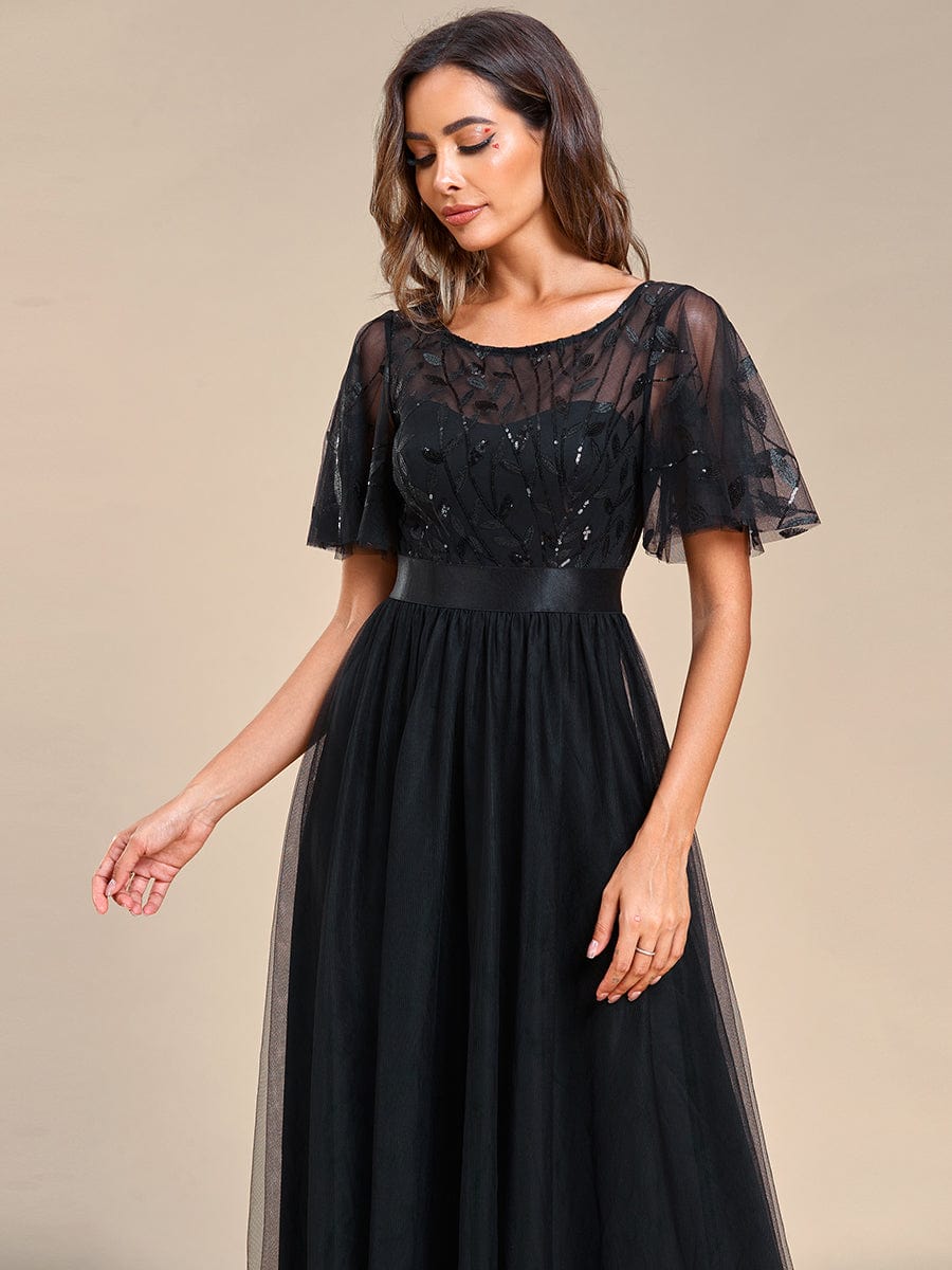 Women's A-Line Short Sleeve Embroidery Floor Length Wedding Guest Dresses #color_Black