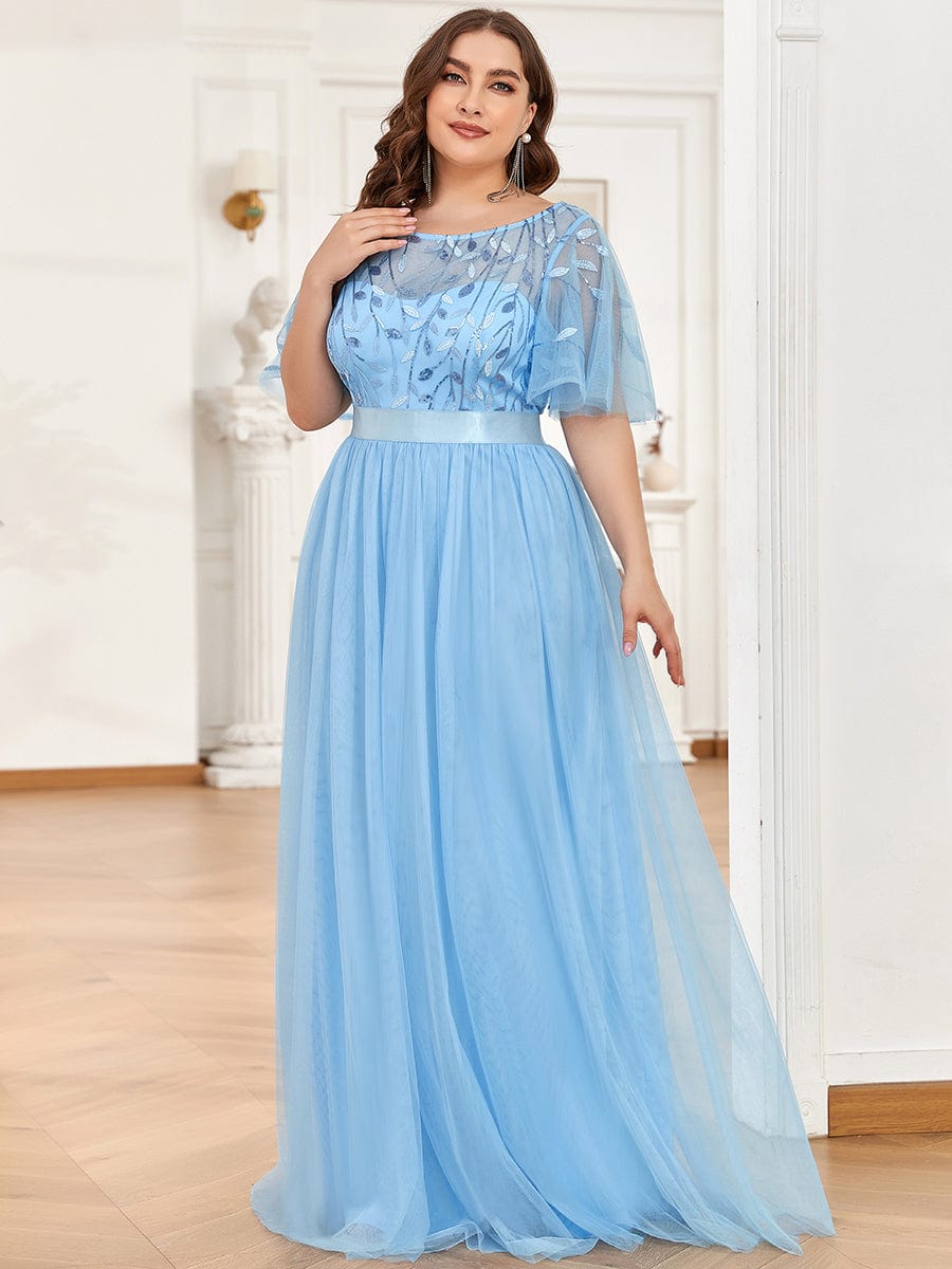 Women's A-Line Short Sleeve Embroidery Floor Length Wedding Guest Dresses #color_Sky Blue