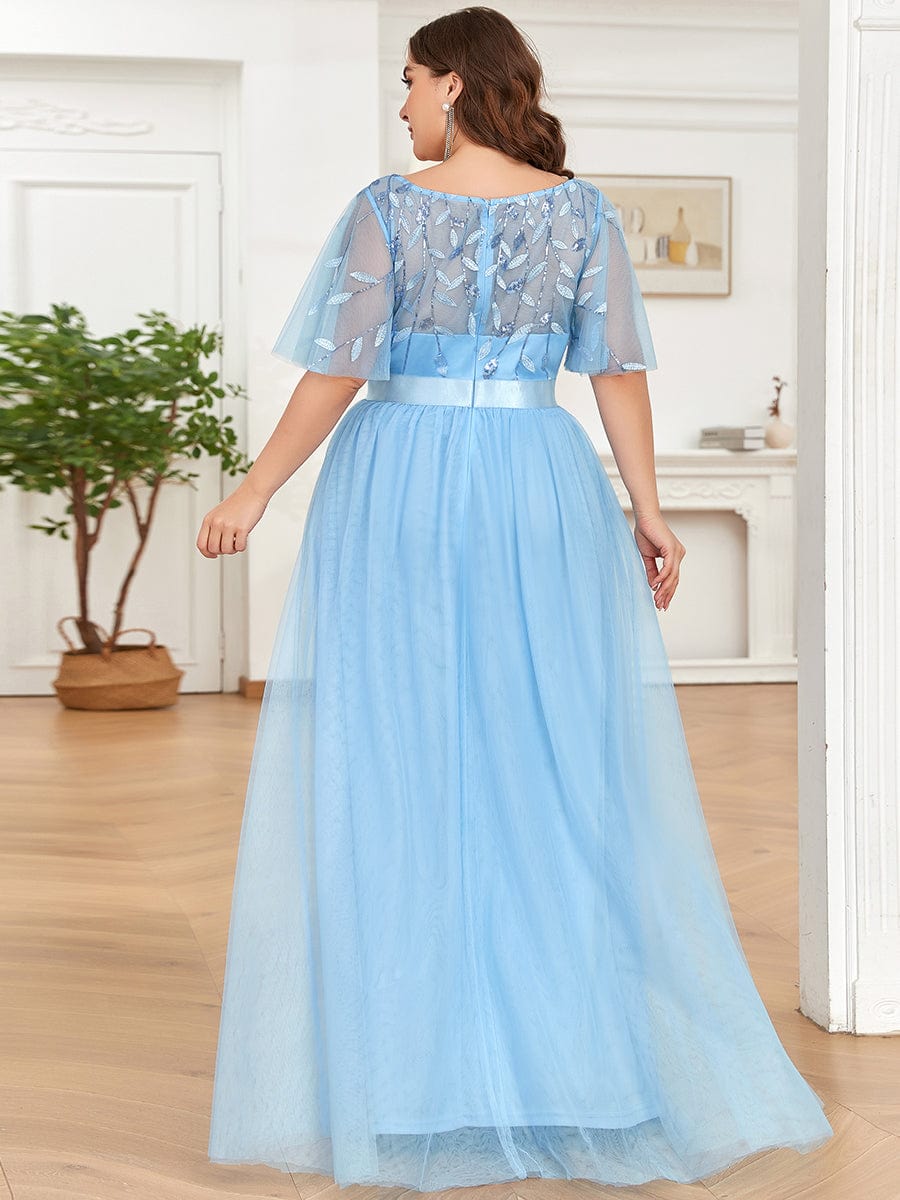 Women's A-Line Short Sleeve Embroidery Floor Length Wedding Guest Dresses #color_Sky Blue