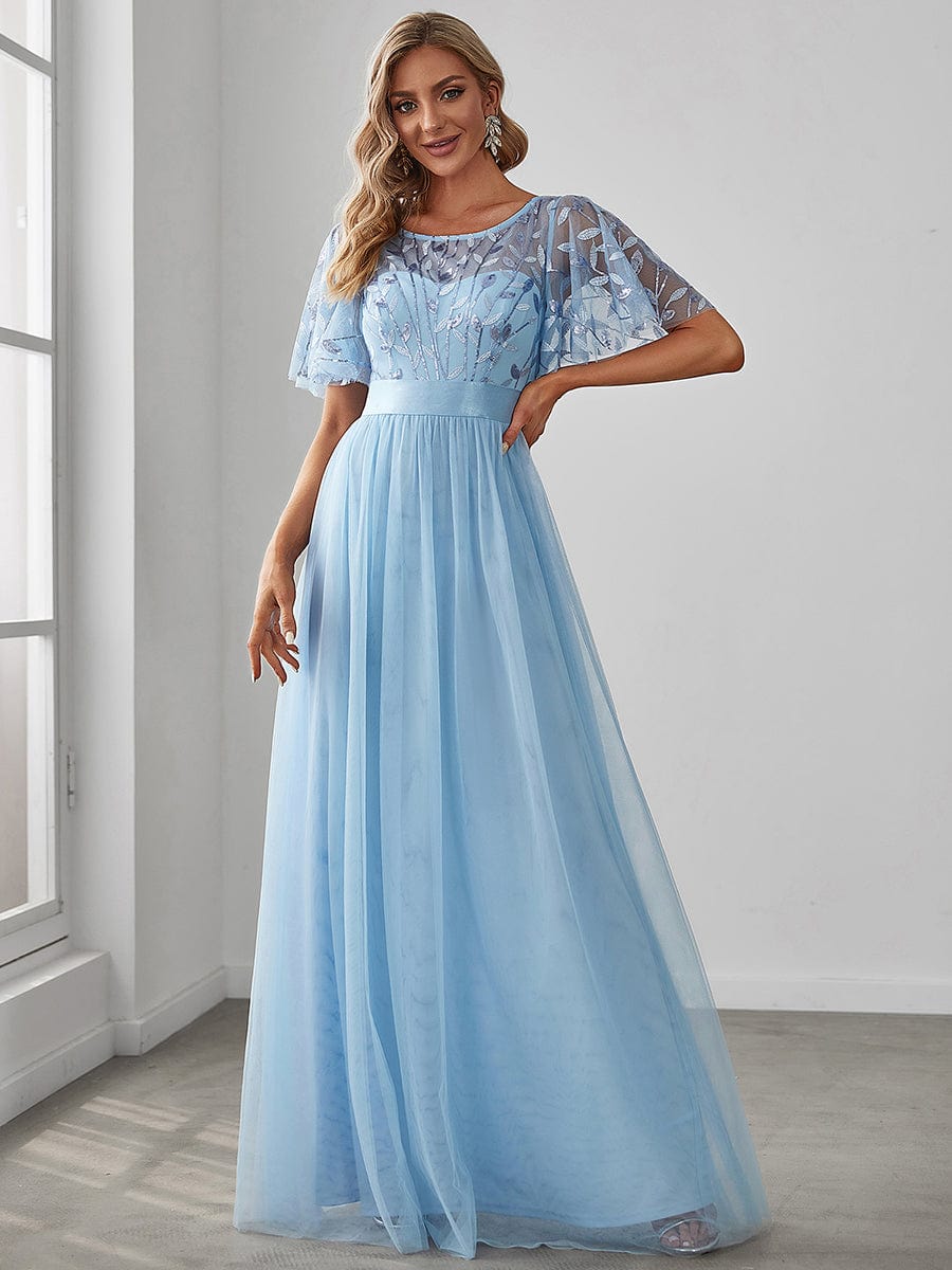 Women's A-Line Short Sleeve Embroidery Floor Length Wedding Guest Dresses #color_Sky Blue