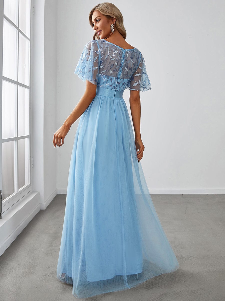 Women's A-Line Short Sleeve Embroidery Floor Length Wedding Guest Dresses #color_Sky Blue