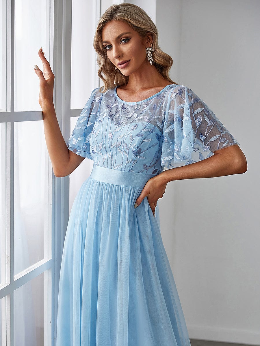 Women's A-Line Short Sleeve Embroidery Floor Length Wedding Guest Dresses #color_Sky Blue