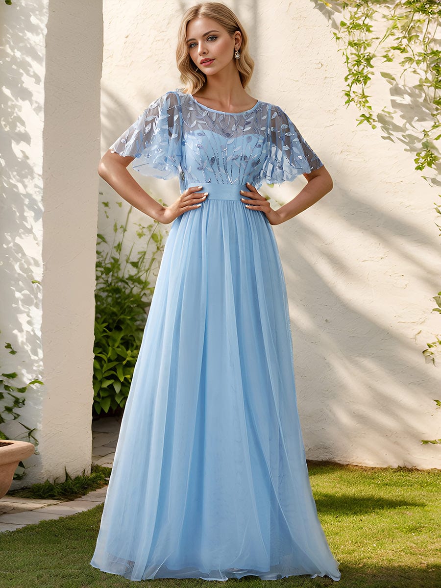 Women's A-Line Short Sleeve Embroidery Floor Length Evening Dresses #color_Sky Blue