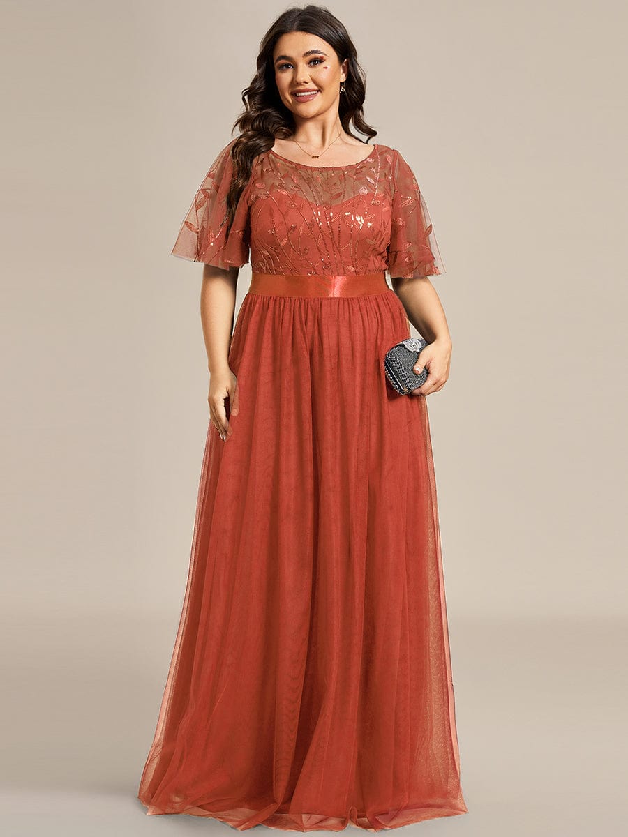 Women's A-Line Short Sleeve Embroidery Floor Length Wedding Guest Dresses #color_Burnt Orange