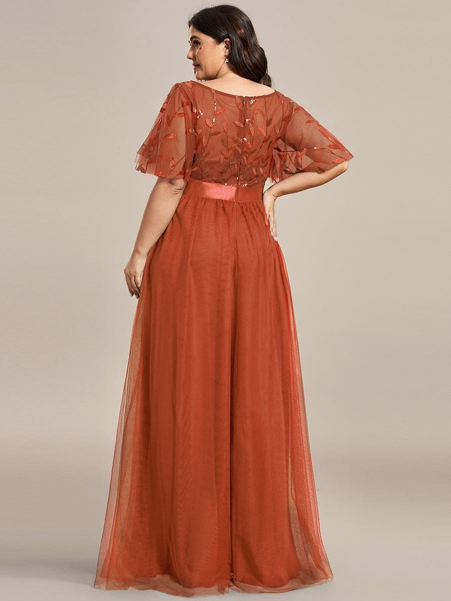 Women's A-Line Short Sleeve Embroidery Floor Length Wedding Guest Dresses #color_Burnt Orange