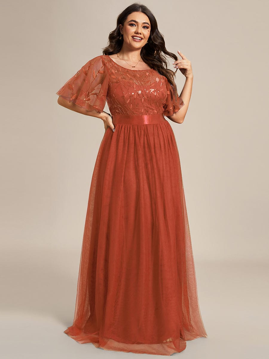 Women's A-Line Short Sleeve Embroidery Floor Length Wedding Guest Dresses #color_Burnt Orange