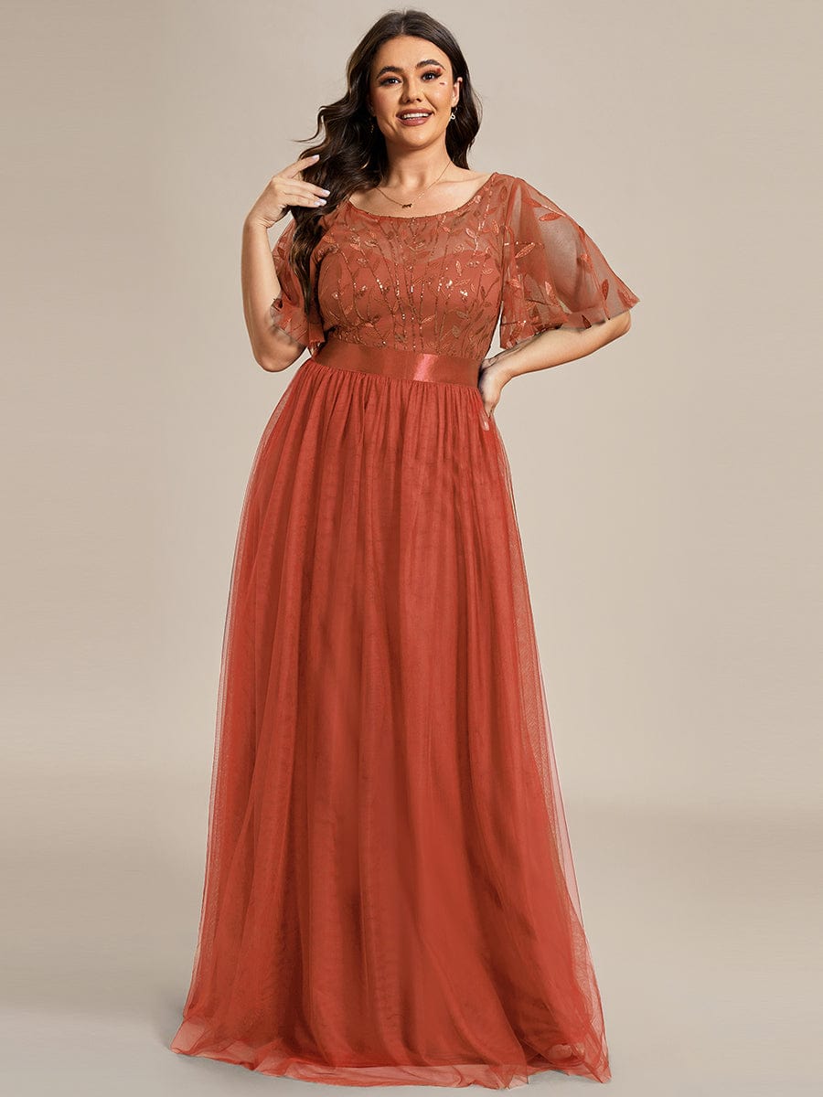 Women's A-Line Short Sleeve Embroidery Floor Length Wedding Guest Dresses #color_Burnt Orange