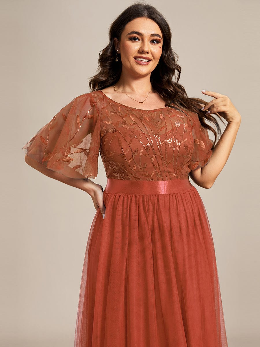 Women's A-Line Short Sleeve Embroidery Floor Length Wedding Guest Dresses #color_Burnt Orange