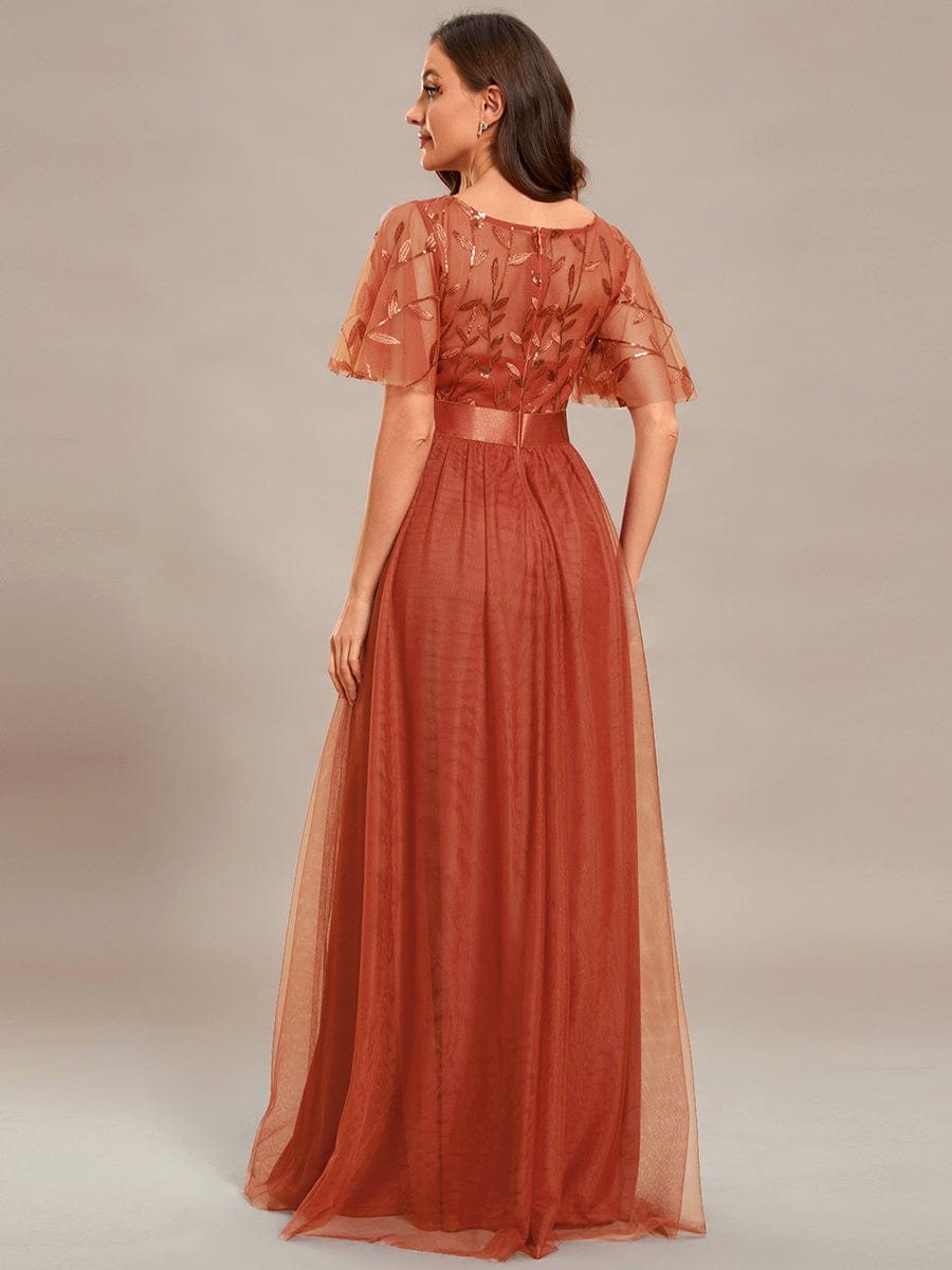 Women's A-Line Short Sleeve Embroidery Floor Length Wedding Guest Dresses #color_Burnt Orange