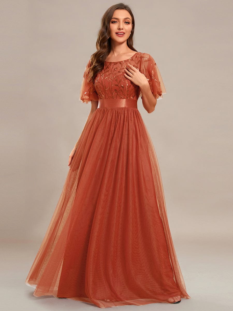 Women's A-Line Short Sleeve Embroidery Floor Length Wedding Guest Dresses #color_Burnt Orange