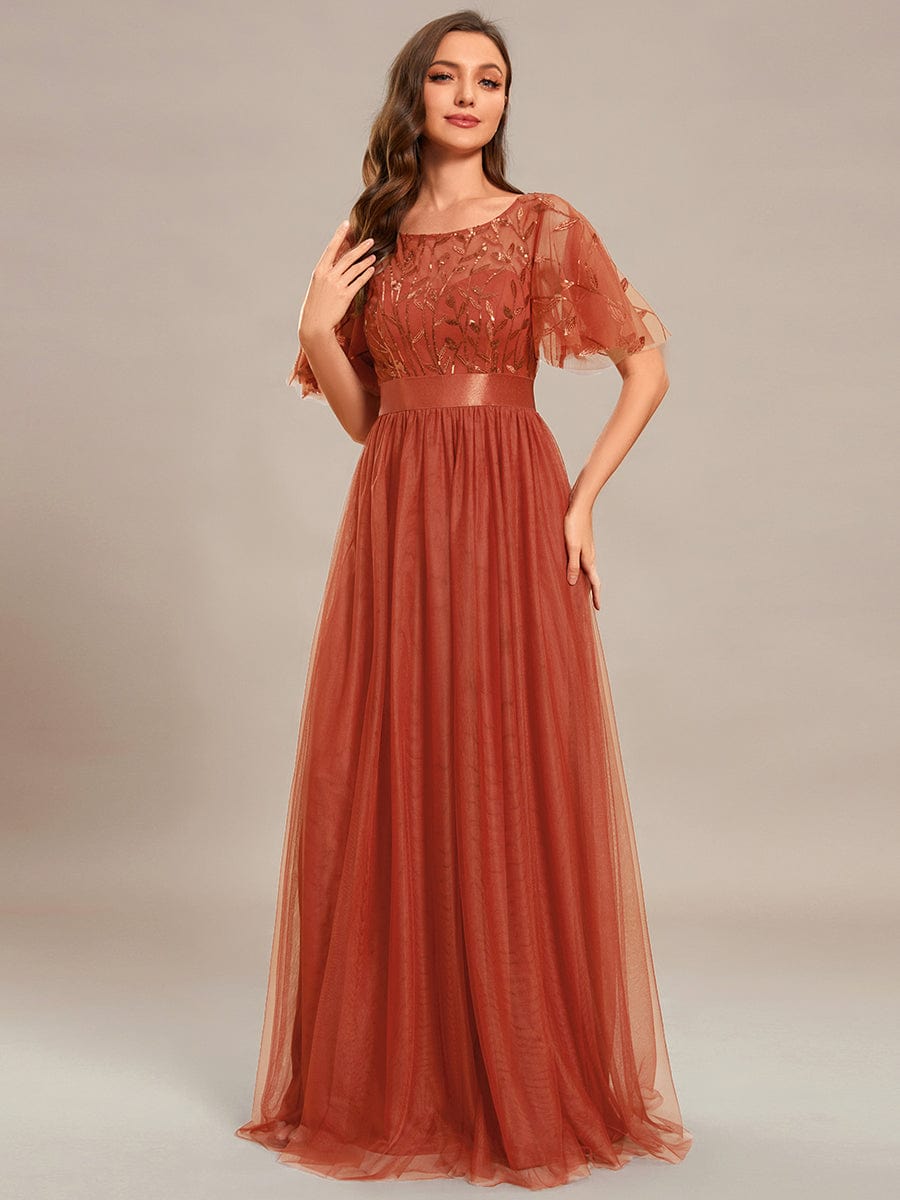 Women's A-Line Short Sleeve Embroidery Floor Length Wedding Guest Dresses #color_Burnt Orange