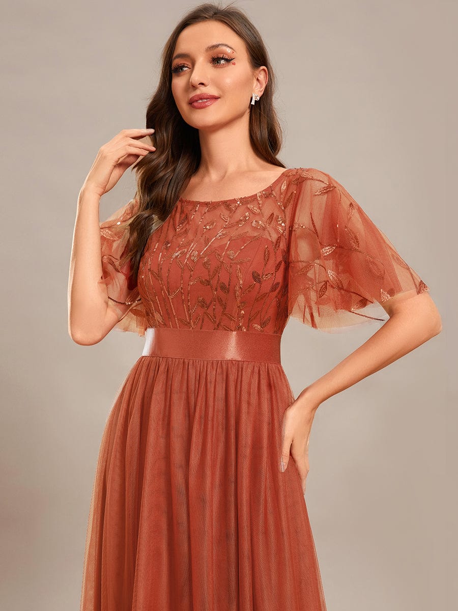 Women's A-Line Short Sleeve Embroidery Floor Length Wedding Guest Dresses #color_Burnt Orange