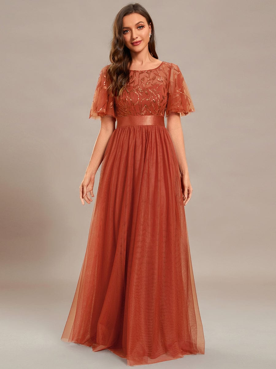 Women's A-Line Short Sleeve Embroidery Floor Length Wedding Guest Dresses #color_Burnt Orange