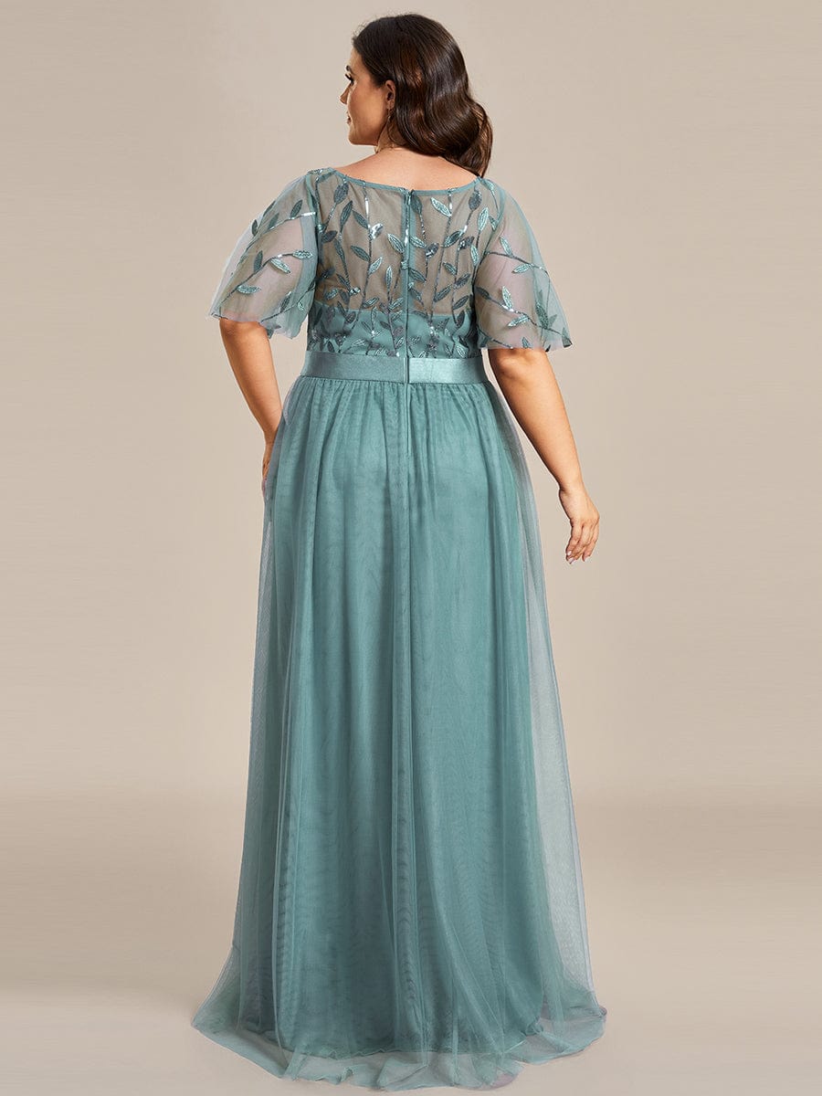 Women's A-Line Short Sleeve Embroidery Floor Length Wedding Guest Dresses #color_Dusty Blue