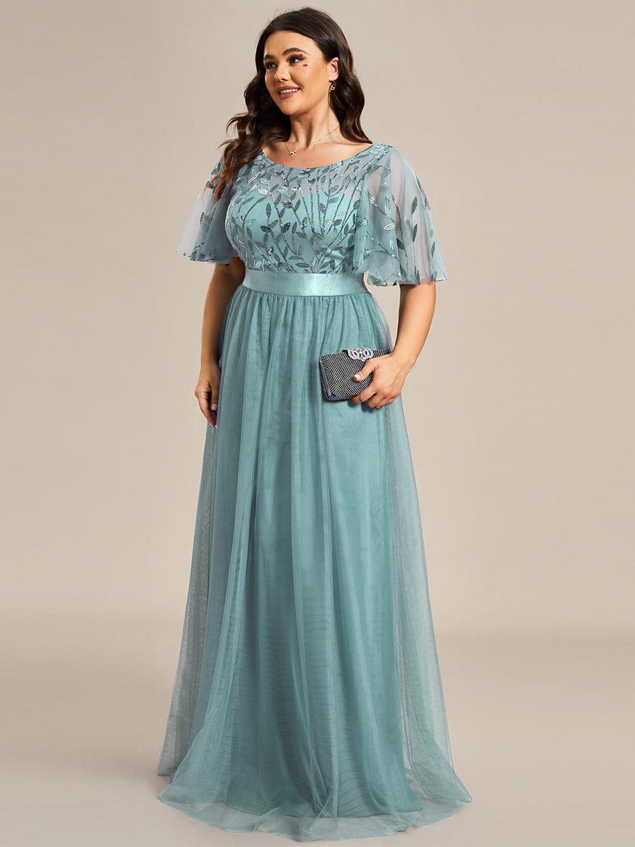 Women's A-Line Short Sleeve Embroidery Floor Length Wedding Guest Dresses #color_Dusty Blue