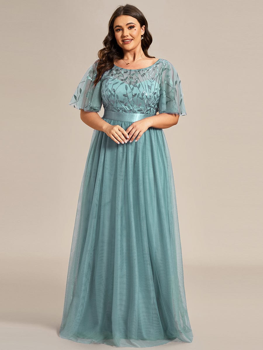 Women's A-Line Short Sleeve Embroidery Floor Length Wedding Guest Dresses #color_Dusty Blue