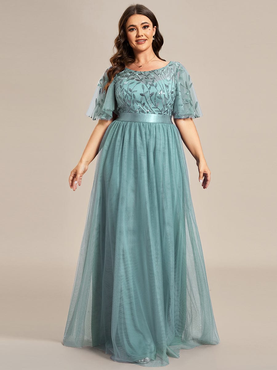 Women's A-Line Short Sleeve Embroidery Floor Length Wedding Guest Dresses #color_Dusty Blue