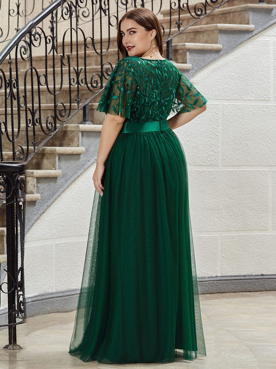 Women's A-Line Short Sleeve Embroidery Floor Length Wedding Guest Dresses #color_Dark Green