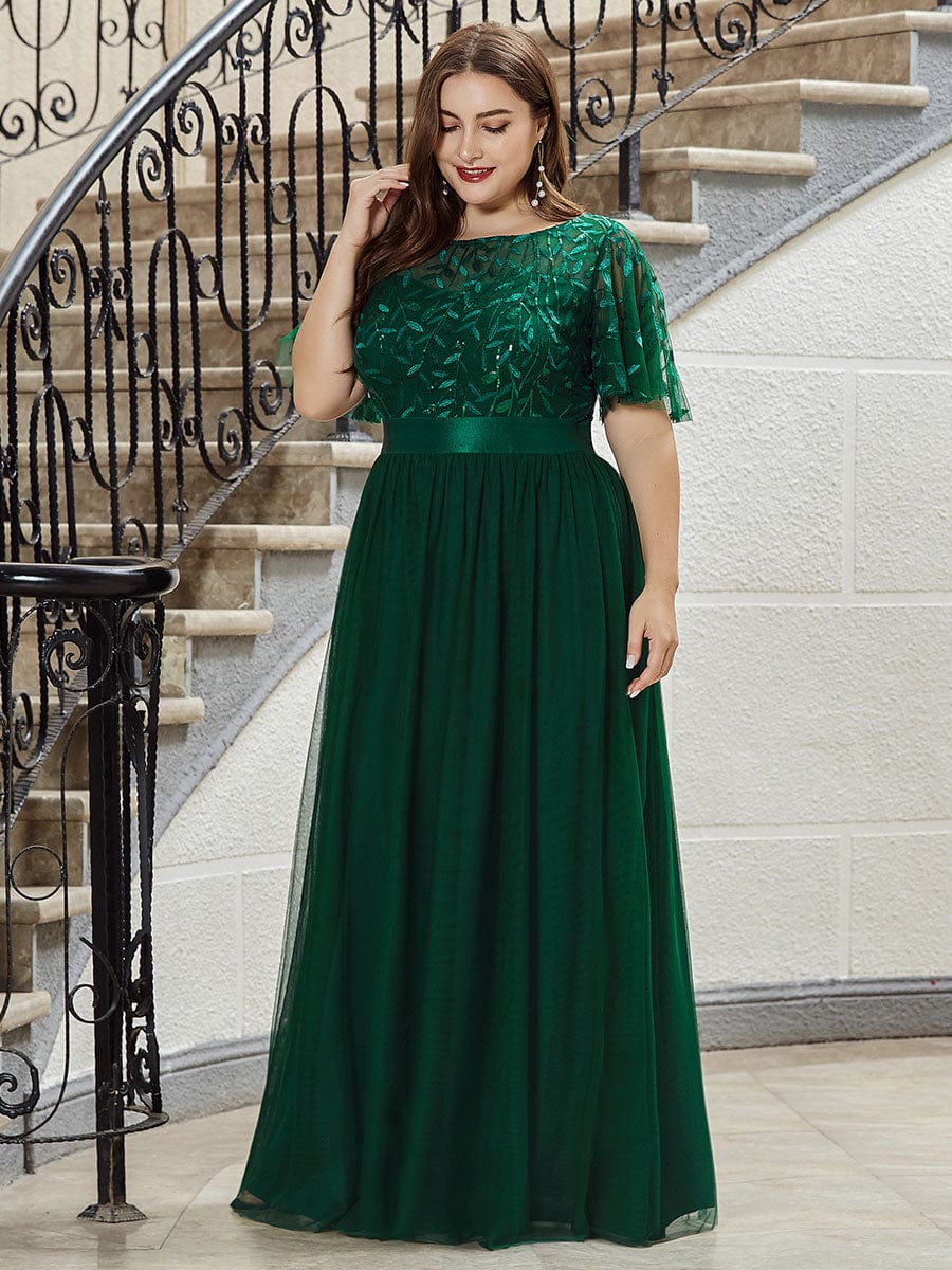 Women's A-Line Short Sleeve Embroidery Floor Length Wedding Guest Dresses #color_Dark Green