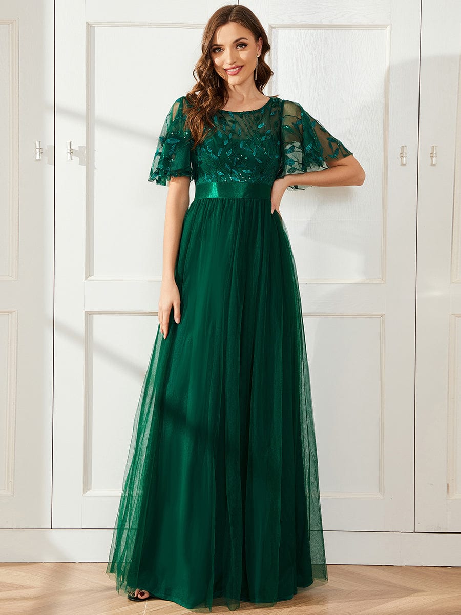 Women's A-Line Short Sleeve Embroidery Floor Length Wedding Guest Dresses #color_Dark Green