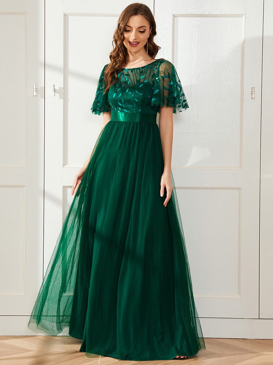 Women's A-Line Short Sleeve Embroidery Floor Length Wedding Guest Dresses #color_Dark Green