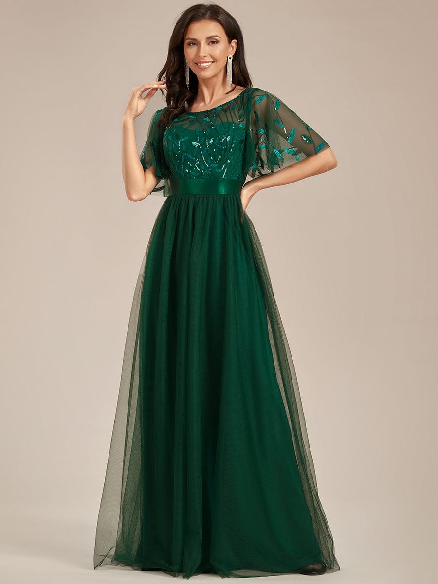 Women's A-Line Short Sleeve Embroidery Floor Length Wedding Guest Dresses #color_Dark Green