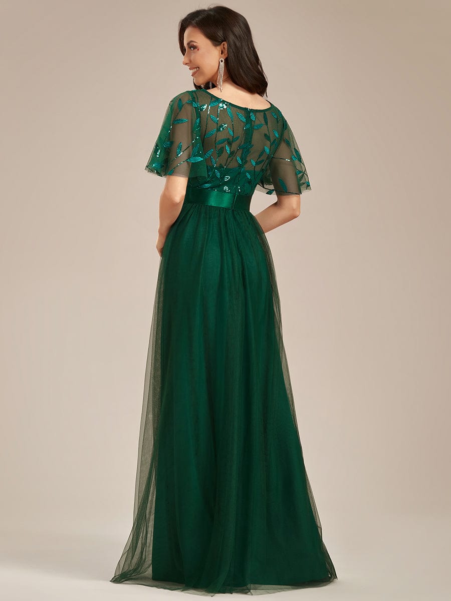 Women's A-Line Short Sleeve Embroidery Floor Length Wedding Guest Dresses #color_Dark Green