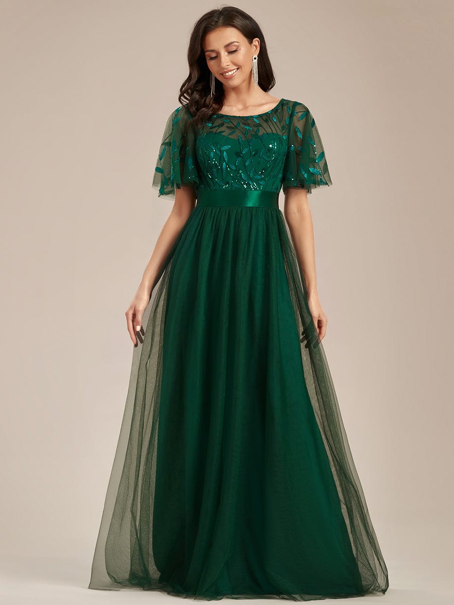 Women's A-Line Short Sleeve Embroidery Floor Length Wedding Guest Dresses #color_Dark Green