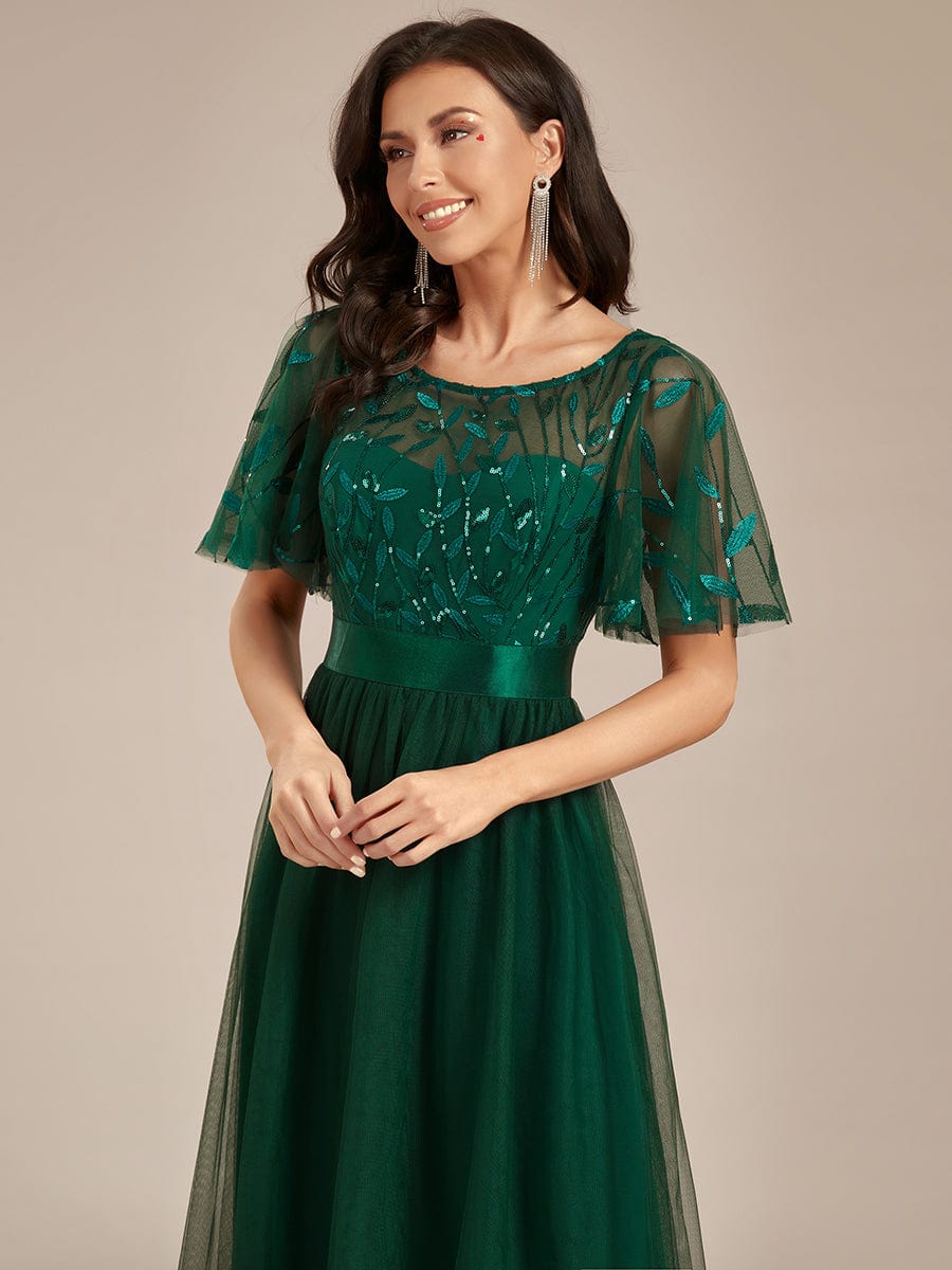 Women's A-Line Short Sleeve Embroidery Floor Length Wedding Guest Dresses #color_Dark Green