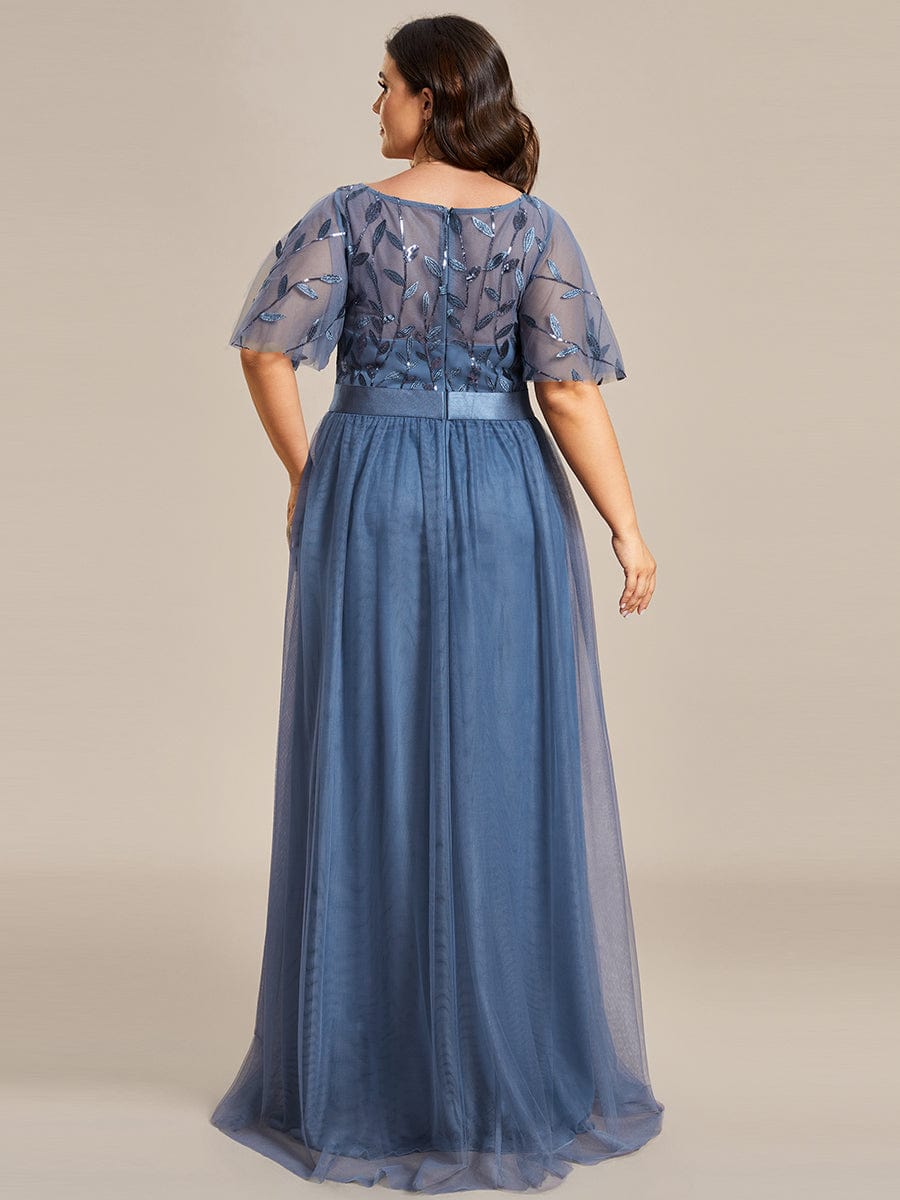 Women's A-Line Short Sleeve Embroidery Floor Length Wedding Guest Dresses #color_Dusty Navy