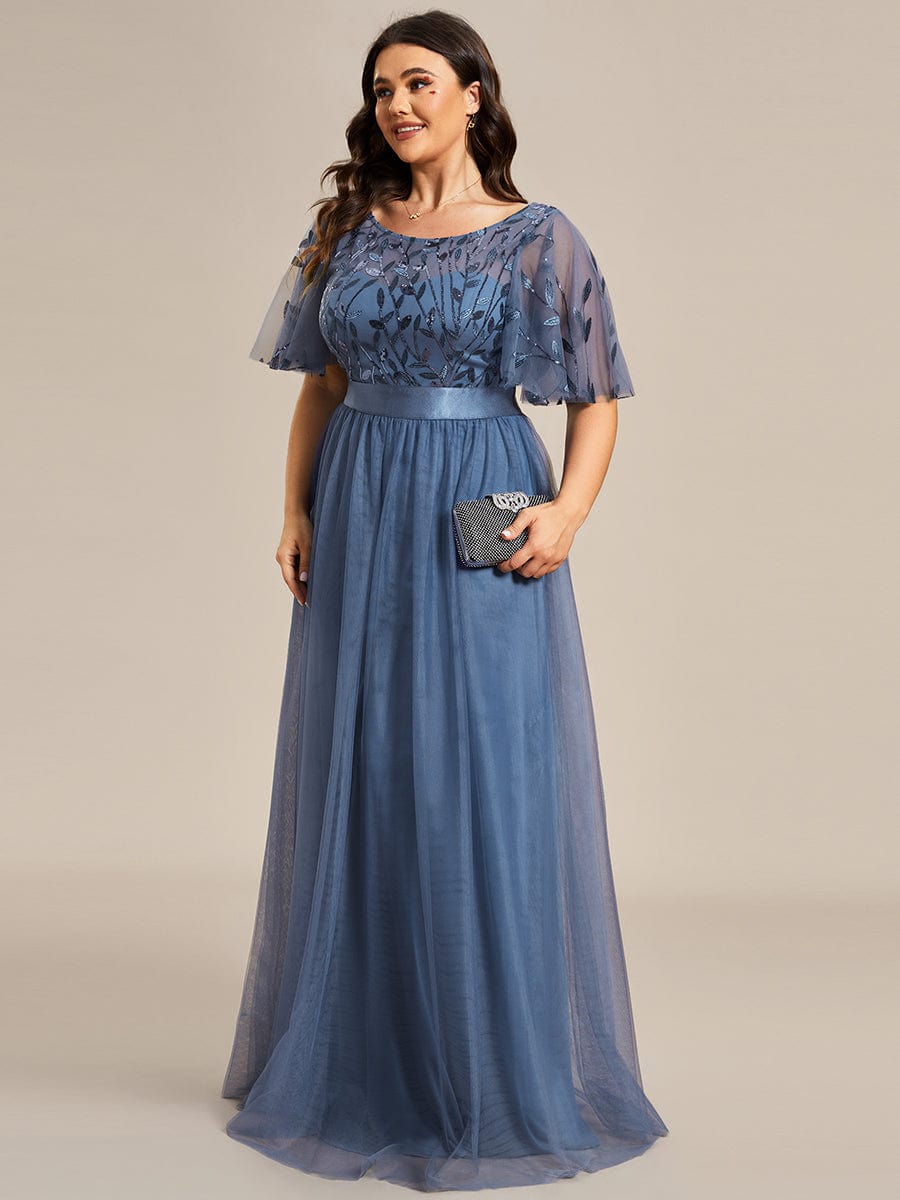 Women's A-Line Short Sleeve Embroidery Floor Length Wedding Guest Dresses #color_Dusty Navy