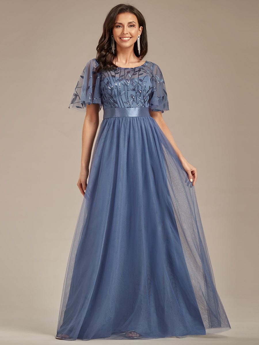 Women's A-Line Short Sleeve Embroidery Floor Length Wedding Guest Dresses #color_Dusty Navy