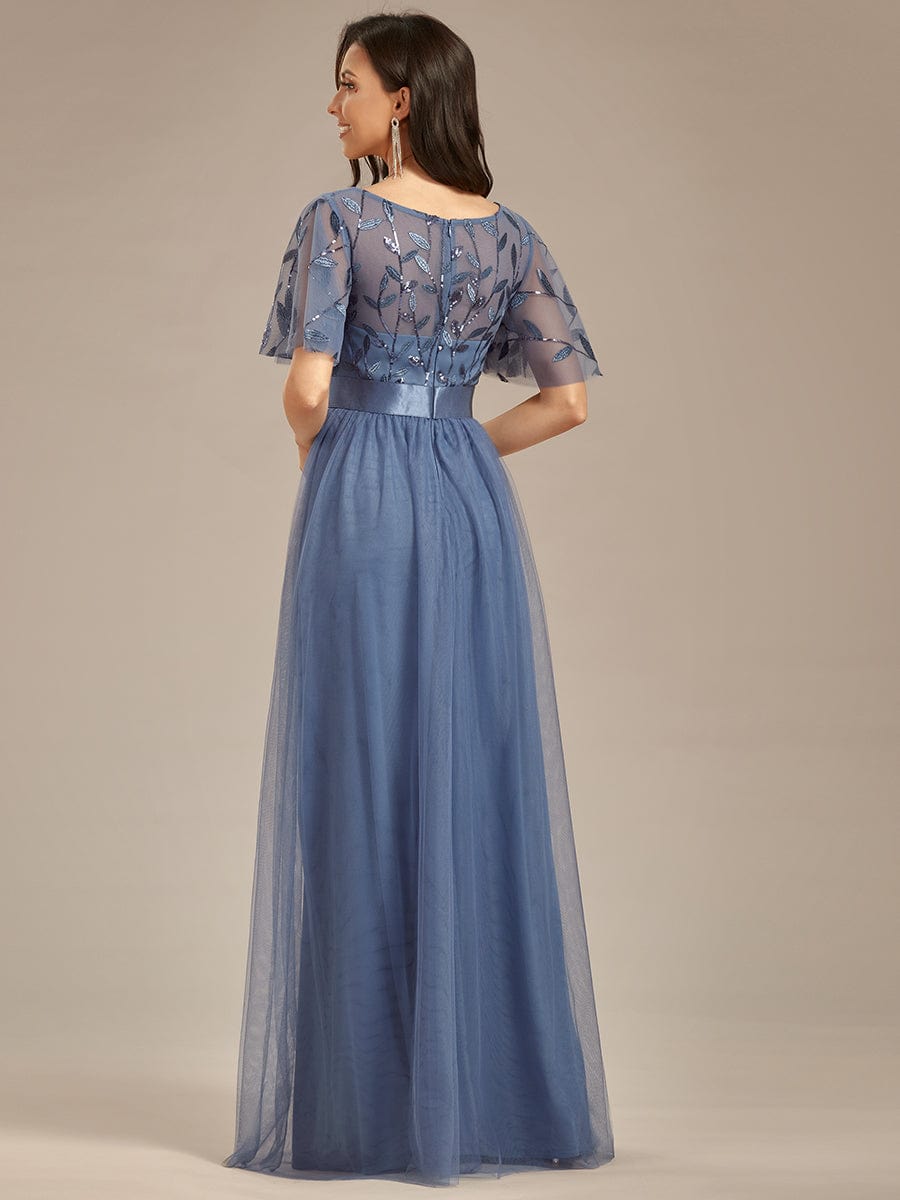 Women's A-Line Short Sleeve Embroidery Floor Length Wedding Guest Dresses #color_Dusty Navy