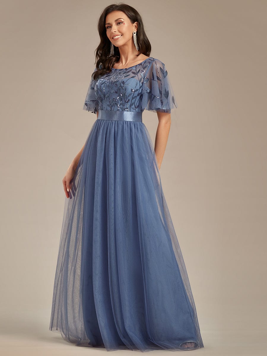 Women's A-Line Short Sleeve Embroidery Floor Length Wedding Guest Dresses #color_Dusty Blue