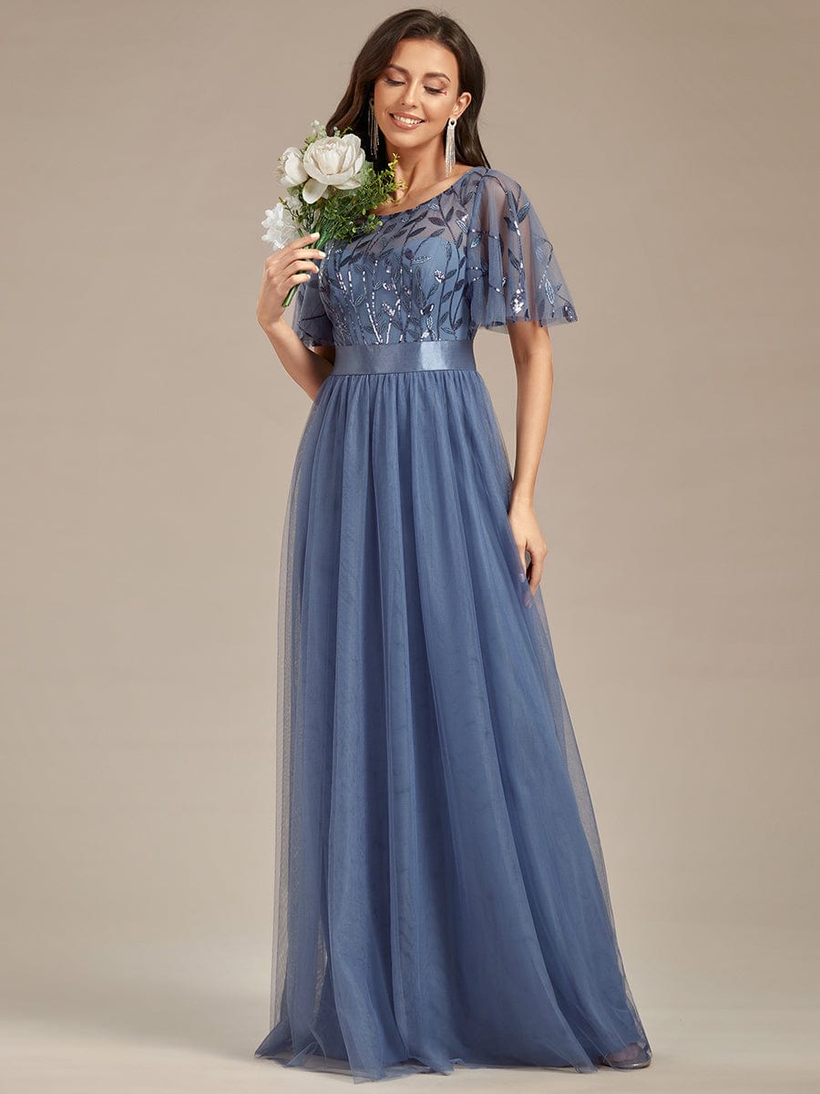 Women's A-Line Short Sleeve Embroidery Floor Length Wedding Guest Dresses #color_Dusty Navy