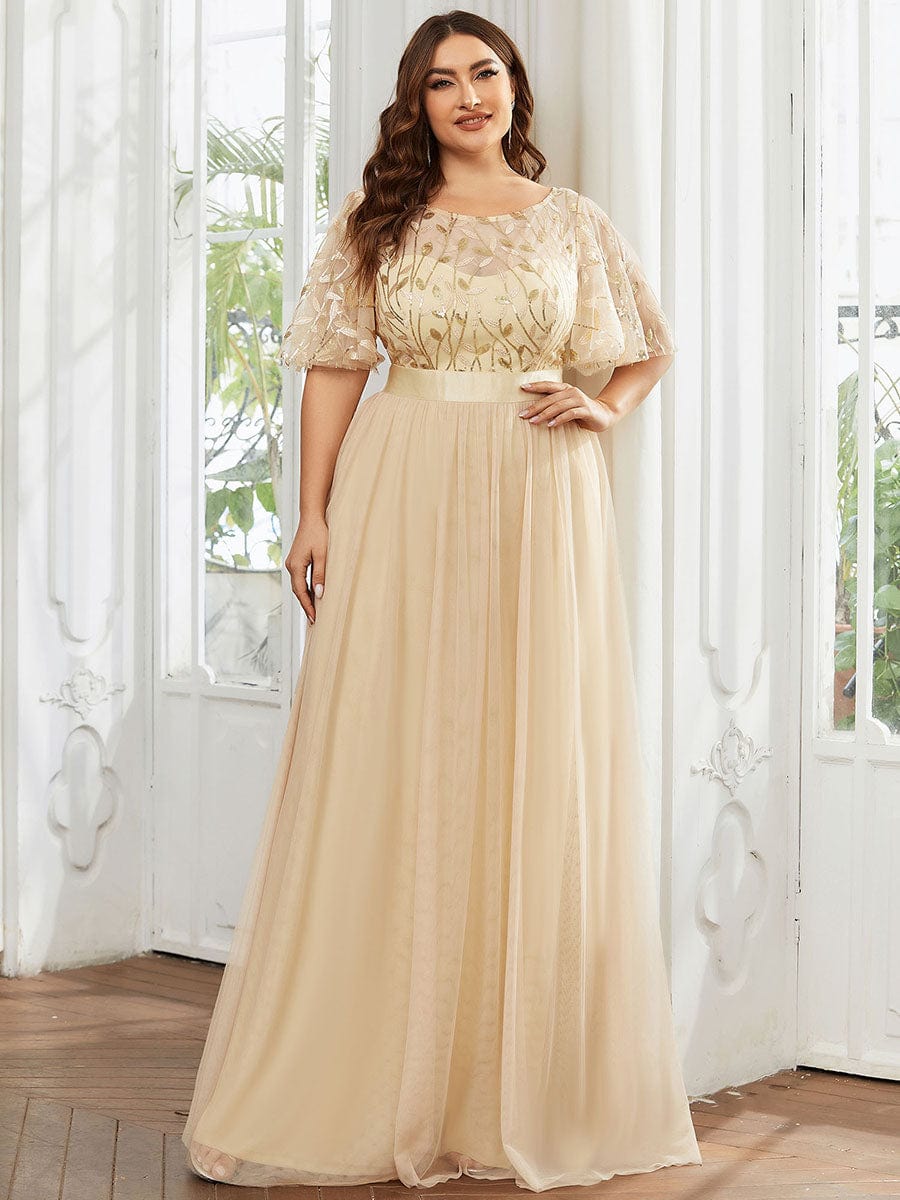 Women's A-Line Short Sleeve Embroidery Floor Length Wedding Guest Dresses #color_Gold