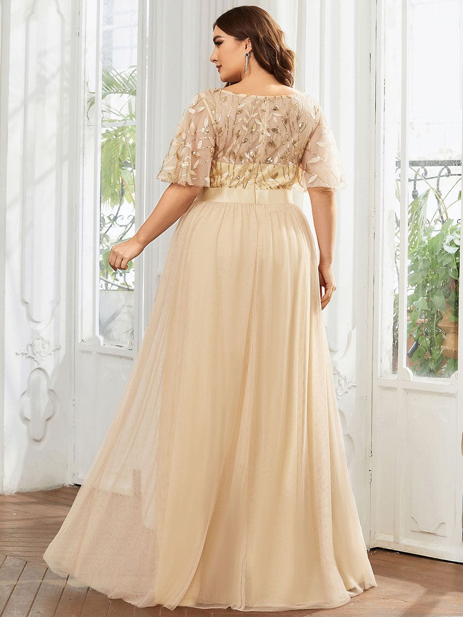 Women's A-Line Short Sleeve Embroidery Floor Length Wedding Guest Dresses #color_Gold