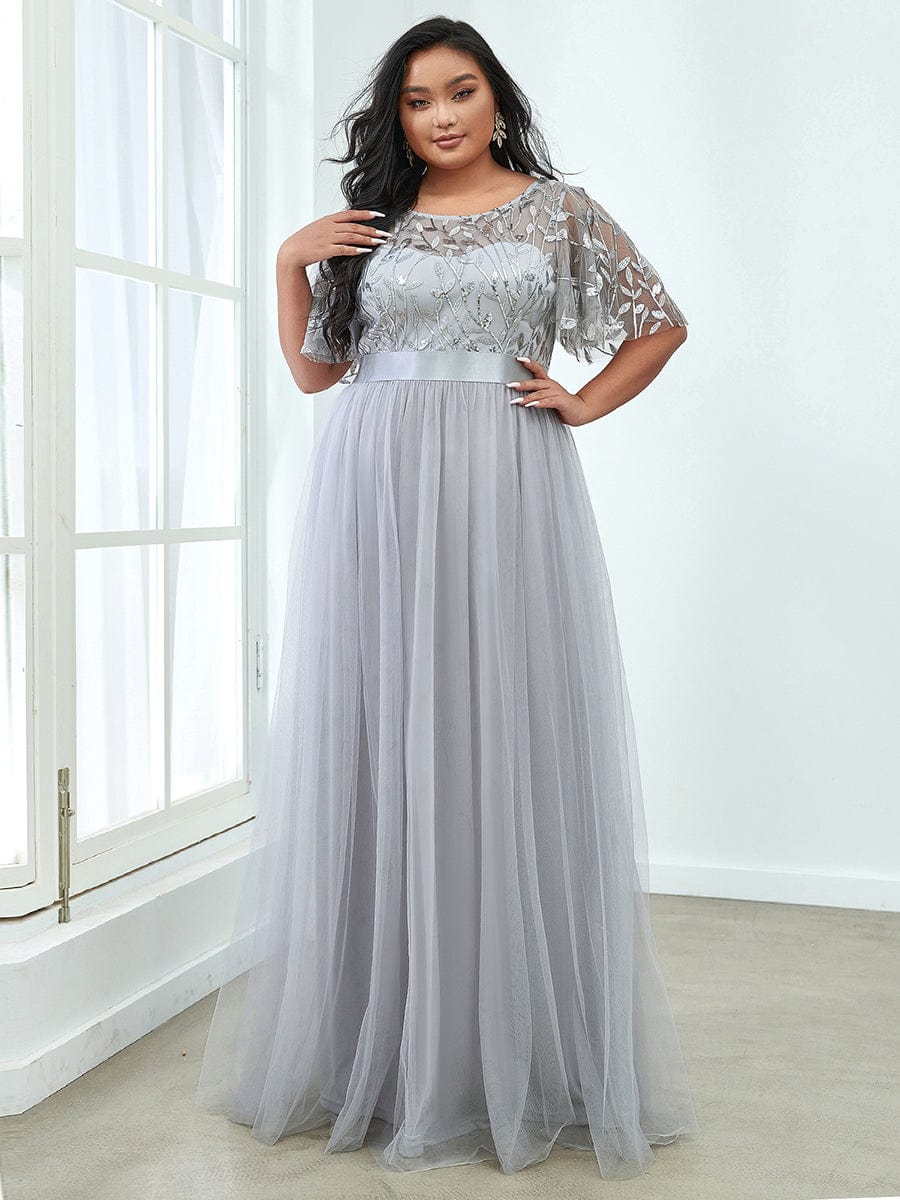 Women's A-Line Short Sleeve Embroidery Floor Length Wedding Guest Dresses #color_Grey