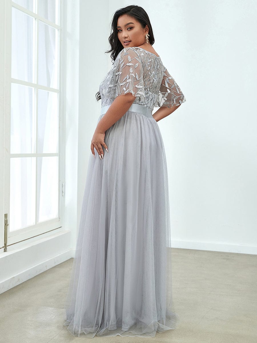 Women's A-Line Short Sleeve Embroidery Floor Length Wedding Guest Dresses #color_Grey