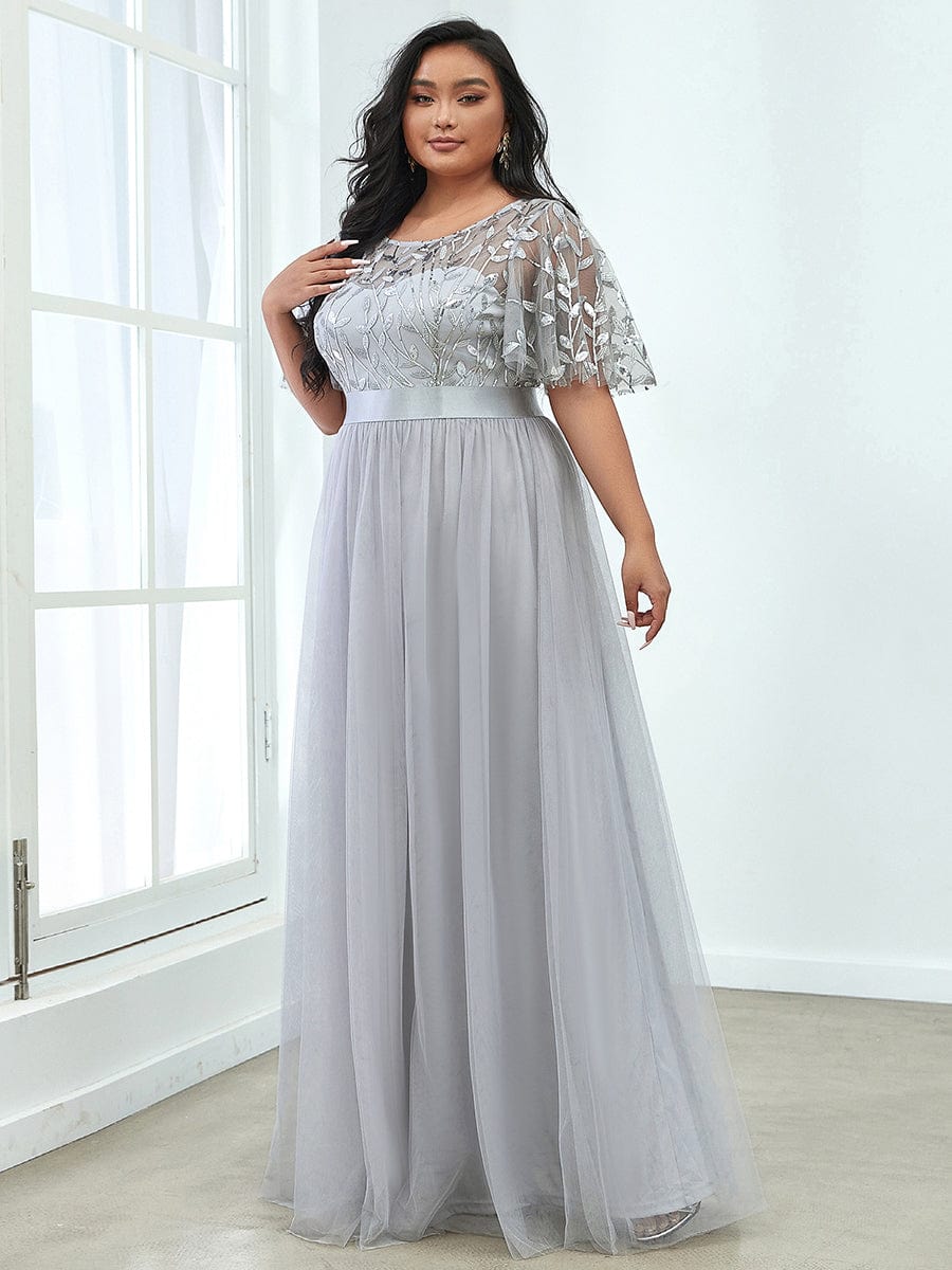 Women's A-Line Short Sleeve Embroidery Floor Length Wedding Guest Dresses #color_Grey