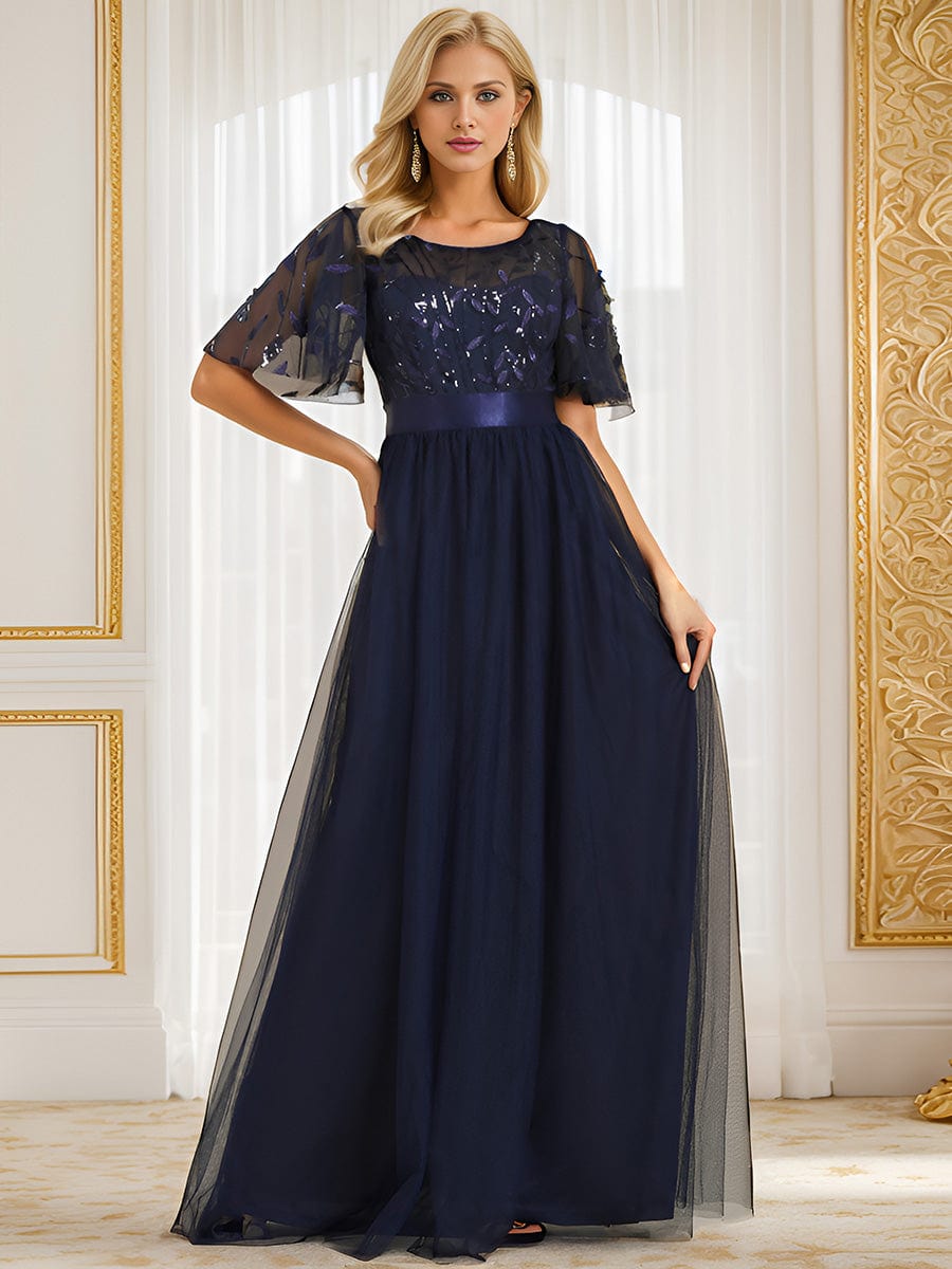 Women's A-Line Short Sleeve Embroidery Floor Length Wedding Guest Dresses #color_Navy Blue